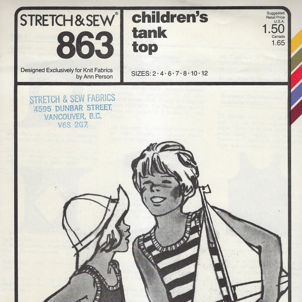 Stretch & Sew Pattern 863 Children's Tank Tob - Sizes 2 - 12 - Uncut